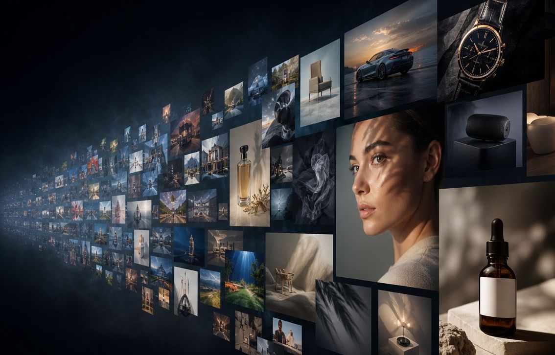 ImgForge visual AI image generation workflow with reusable prompt blocks for style, subject, lighting, and composition that feed into multiple image model outputs that can be compared and iterated on.